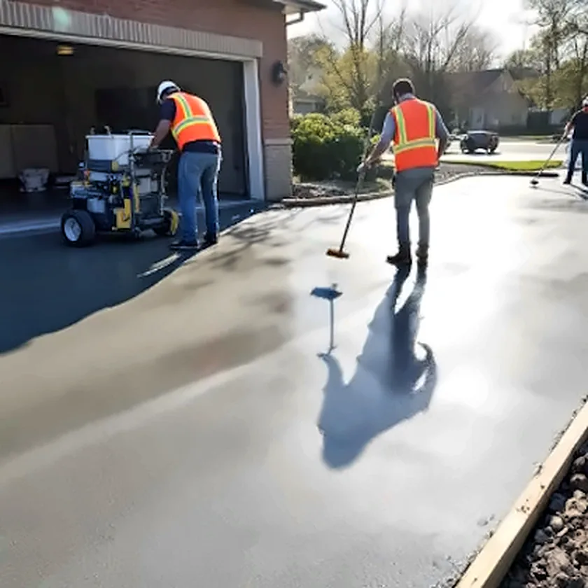 Équipe qui finit une entrée en béton fraîchement coulée